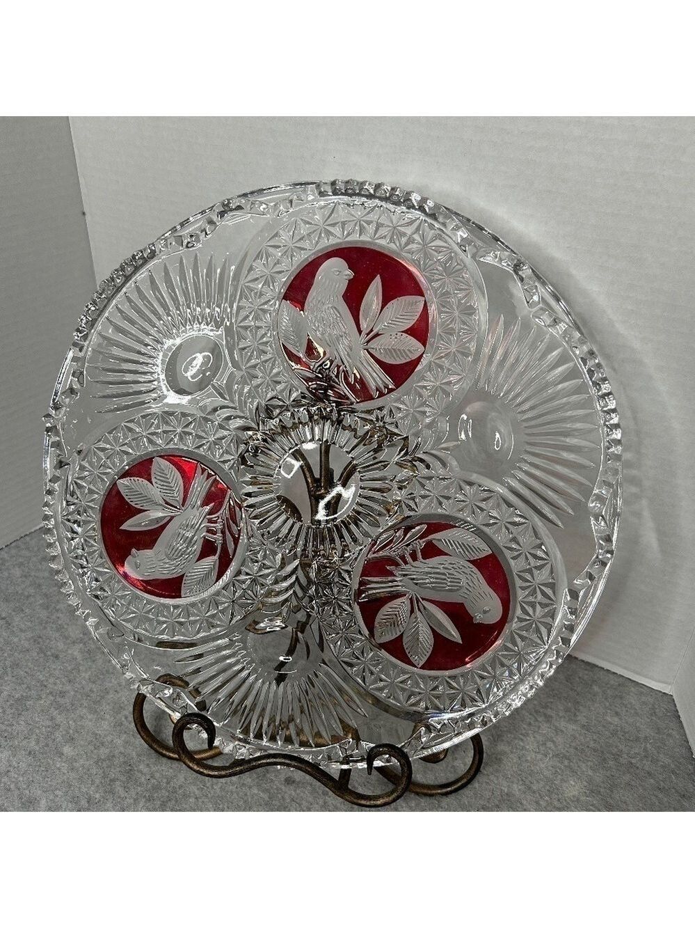 Amaris Nachtmann Etched Crystal Red Bird Design Cake Plate 12” No Flaws Stunning